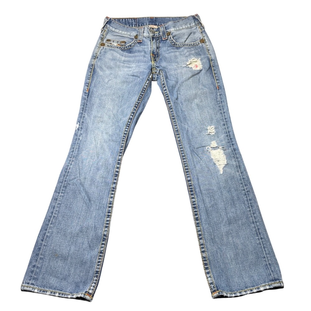 True Religion Jeans Bobby Big T 31x33 Distressed Rips USA Made Denim Bootcut‎